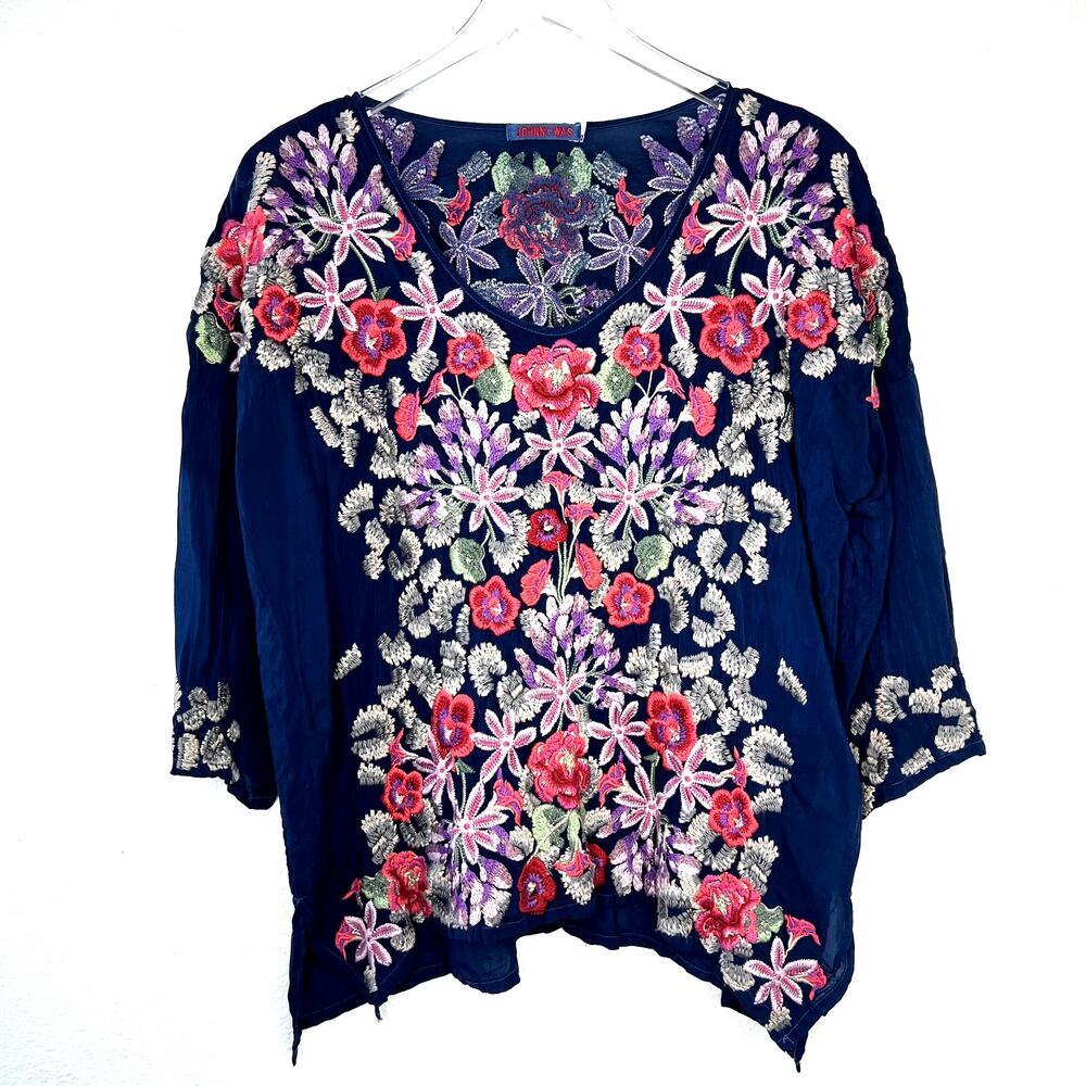 Johnny Was Floral Embroidered Blouse 3/4 Sleeve Crepe Rayon Small Blue Pink